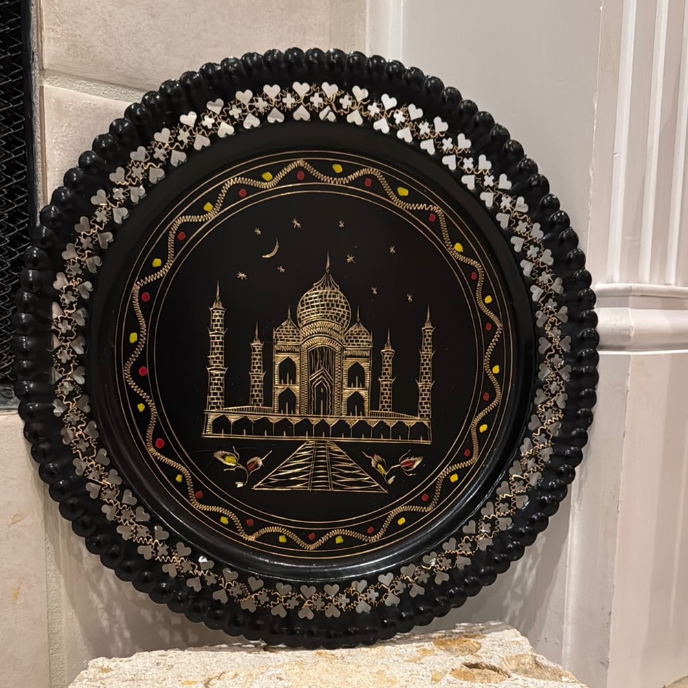 Ornate Taj Mahal Black Metal Plate with Gold and Red Design